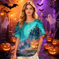 thumbnail image 4 of Women’s Halloween Handprint Graphic Henley Button Neck Short Sleeve Cotton Linen Shirt with Chest Pocket Casual Fit, 4 of 7