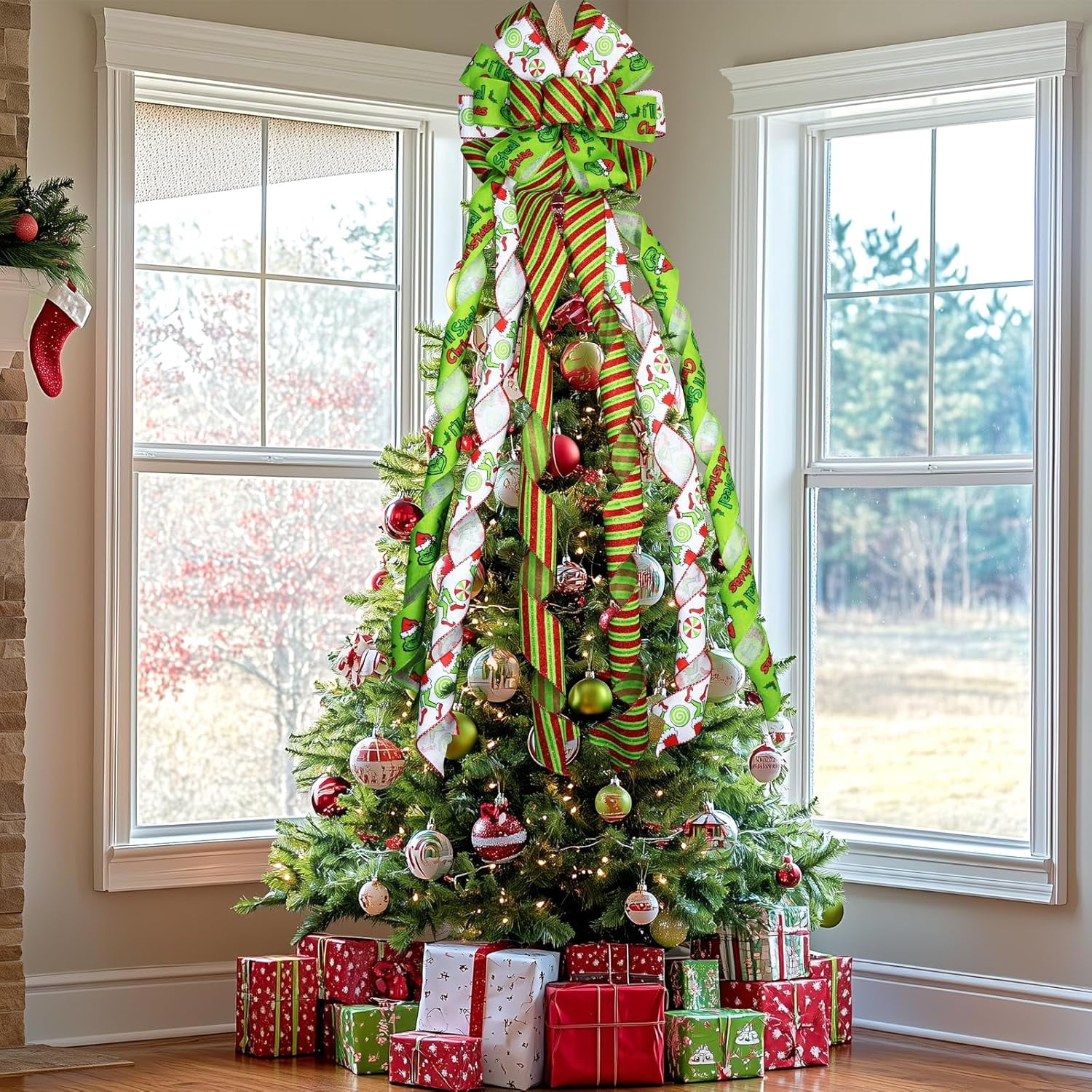 Large Christmas Tree Topper Bow 52x13 Inch, Pre-Tied Wired Ribbon Wreath Bows, Xmas Ornaments with Long Wired Edge Streamer for Holiday Thanksgiving Indoor Outdoor Party Decoration (Green)