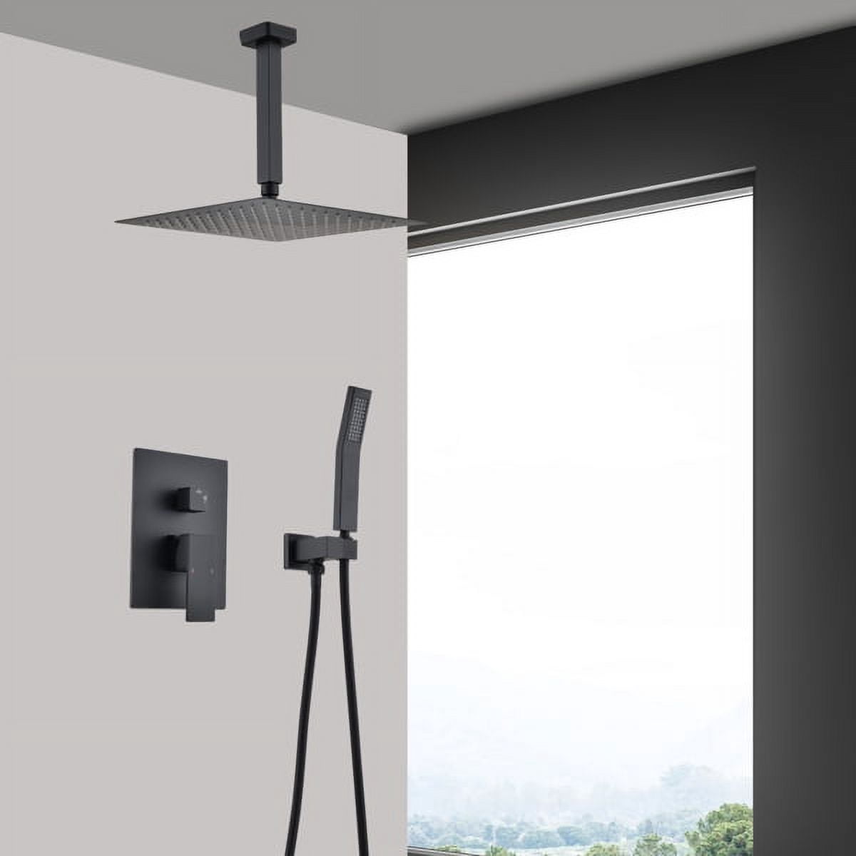 Matte Black Ceiling-Mounted Shower System – 16" Rainfall Head & Handheld Sprayer, Brass/Stainless Steel Combo with Air-In Tech for Low Pressure