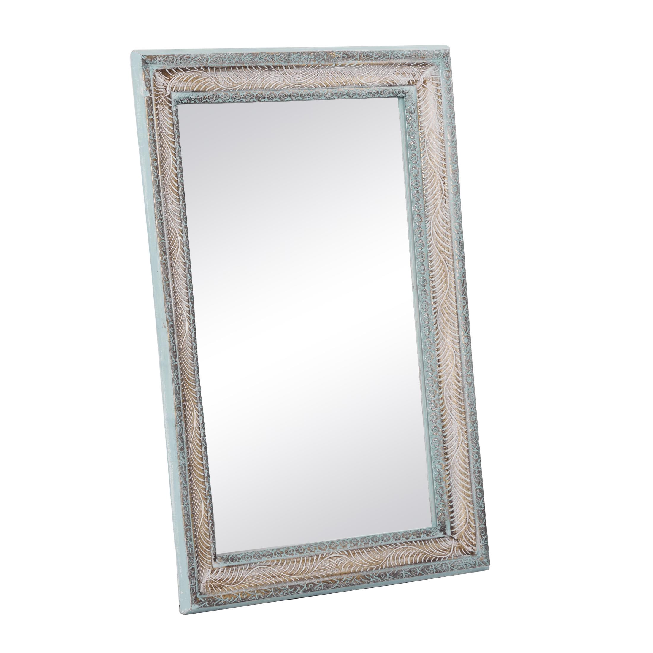 DecMode 32" x 48" Blue Carved Floral Wall Mirror