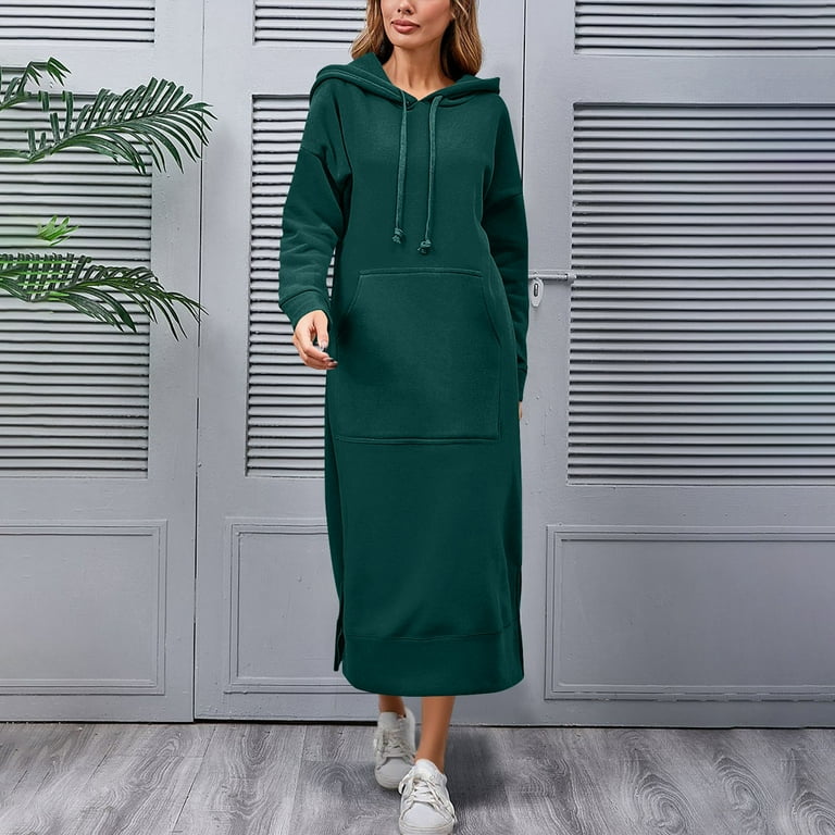 green hoodie dress Olive Green Warm Cotton Waffle Knee Length Hoodie Dress 40