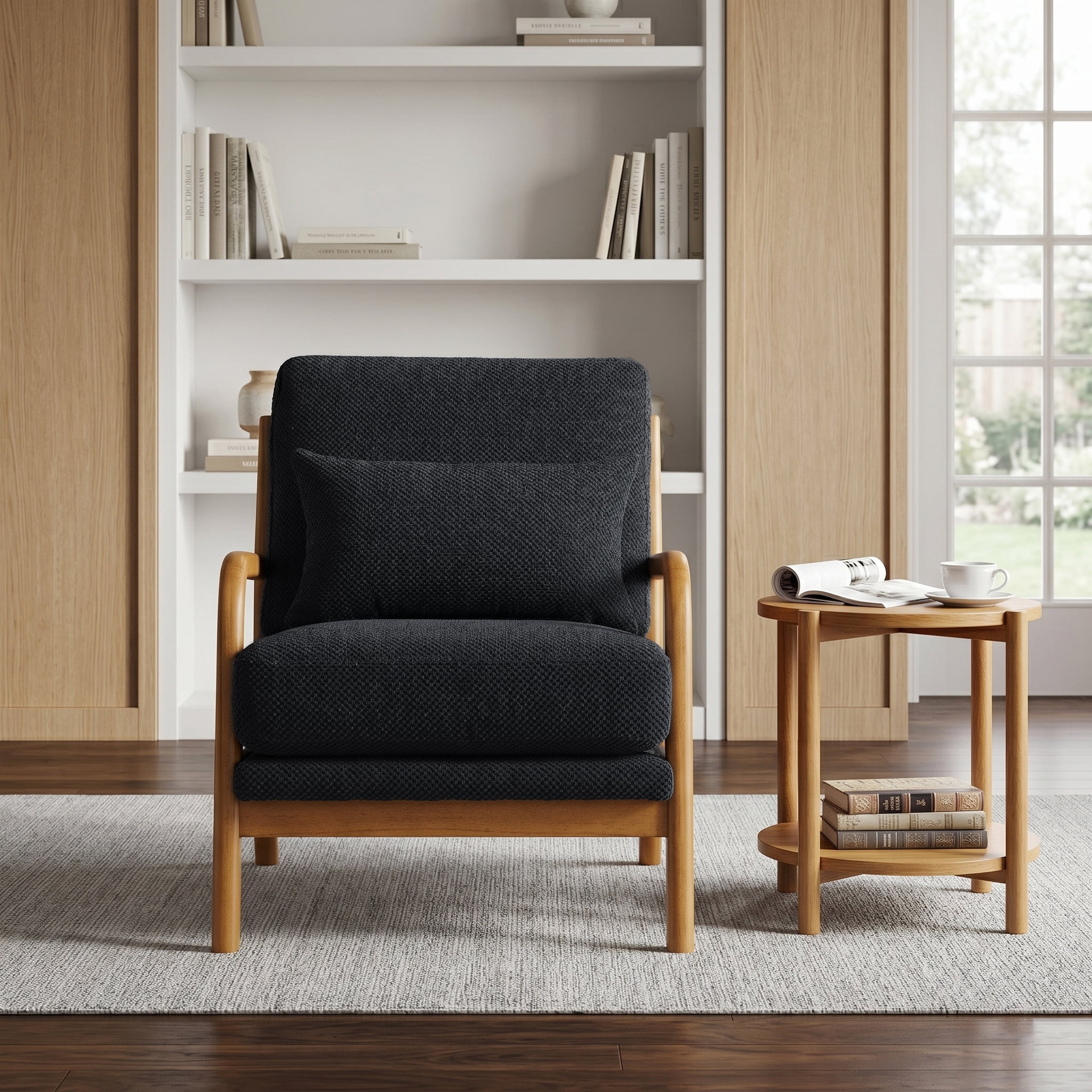 Wooden Lounge Chair with Nubby Upholstered Seat and Solid Wood Armrests, Vintage Modern Accent Armchair and Reading Chair for Living Room and Bedroom, Black