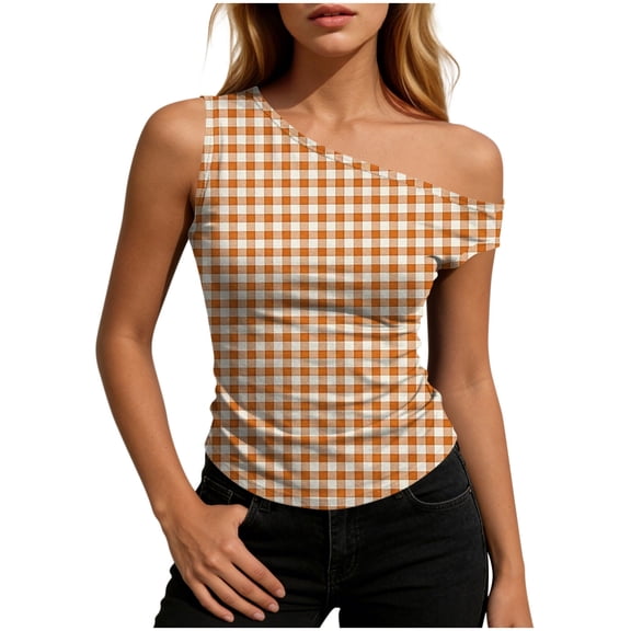 HappyYEE One Shoulder Tank Tops for Women Plaid Casual Sleeveless Tops Summer Lightweight Soft Slim Fits Tanks,Orange,S