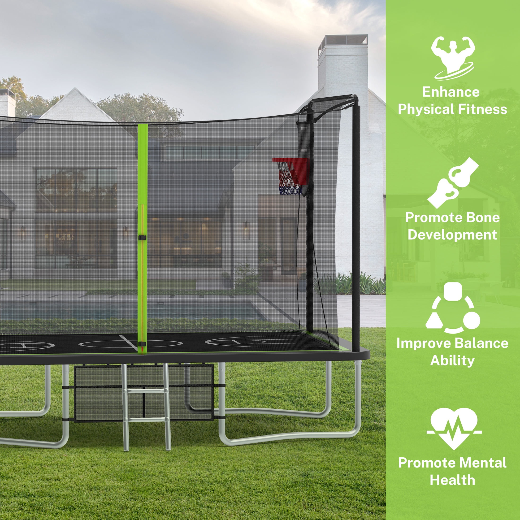 8 ×12FT Large Trampoline for Kids and Adults, SHINPT Outdoor trampoline with 2 Basketball Hoops, Big Trampoline with 360° Safety Net, Kids Trampoline Outdoor with Football Net with 1600LBS Capacity
