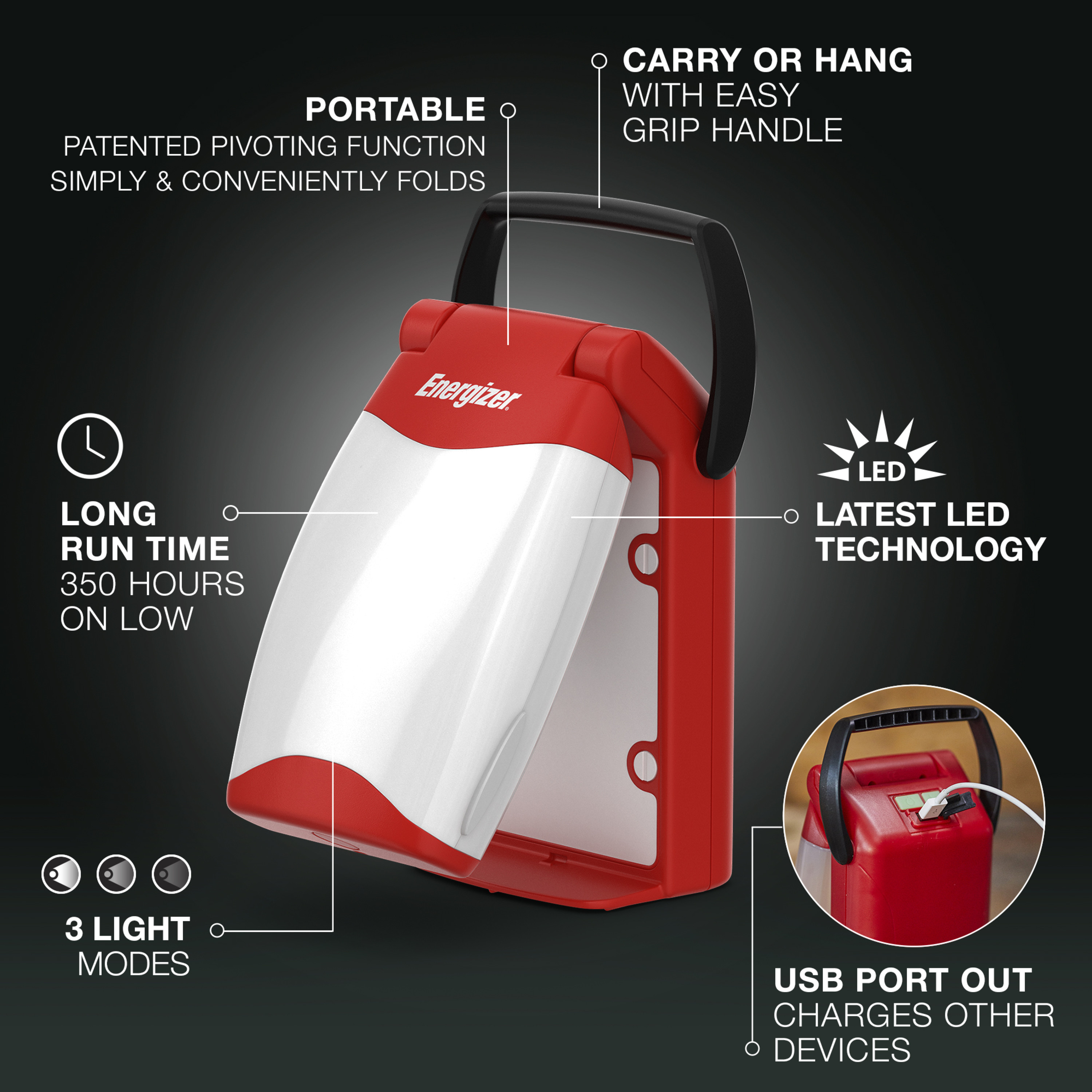 Energizer Emergency Folding LED Lantern, Red, 500 Lumens, IPX4 Water Resistant, Portable LED Light, Durable Emergency Lantern - image 5 of 11
