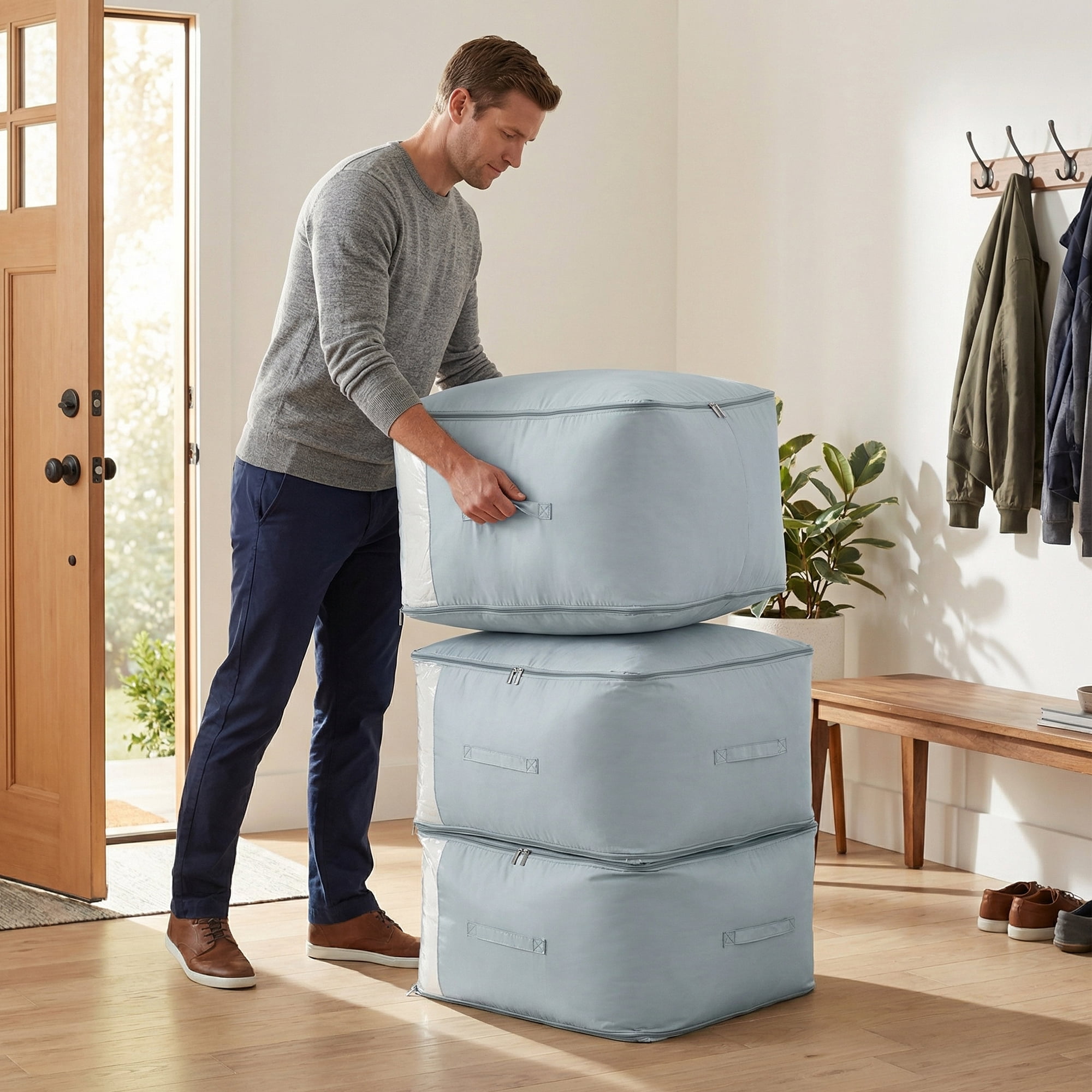 Unique Bargains 1Pc Clothes Expandable Storage Bag Light Grey 21.3*16.5*23.6in