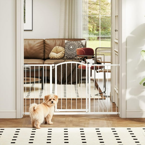 Dkelincs 27"Tall Dog Gate for Doorways & Stairs, Walk-Through Arch Metal Pet Gates Adjustable Safety Gates Fits 28"-51"Wide Opening, White