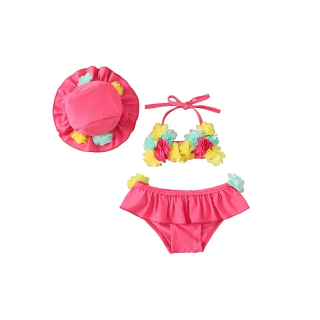Kmbangi Infant Girls 3Pcs Bathing Suit Flower Halter Neck Swimming Tops + Bottoms + Sun Protection Cap 0-24M