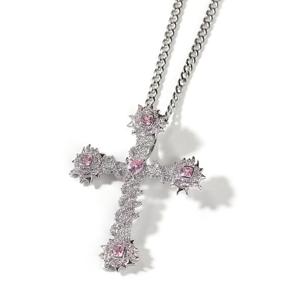 Leander Heart-Shaped Cross Hip-Hop Style Pendant Necklace, Gold-Plated Alloy with Diamonds, Suitable for Men
