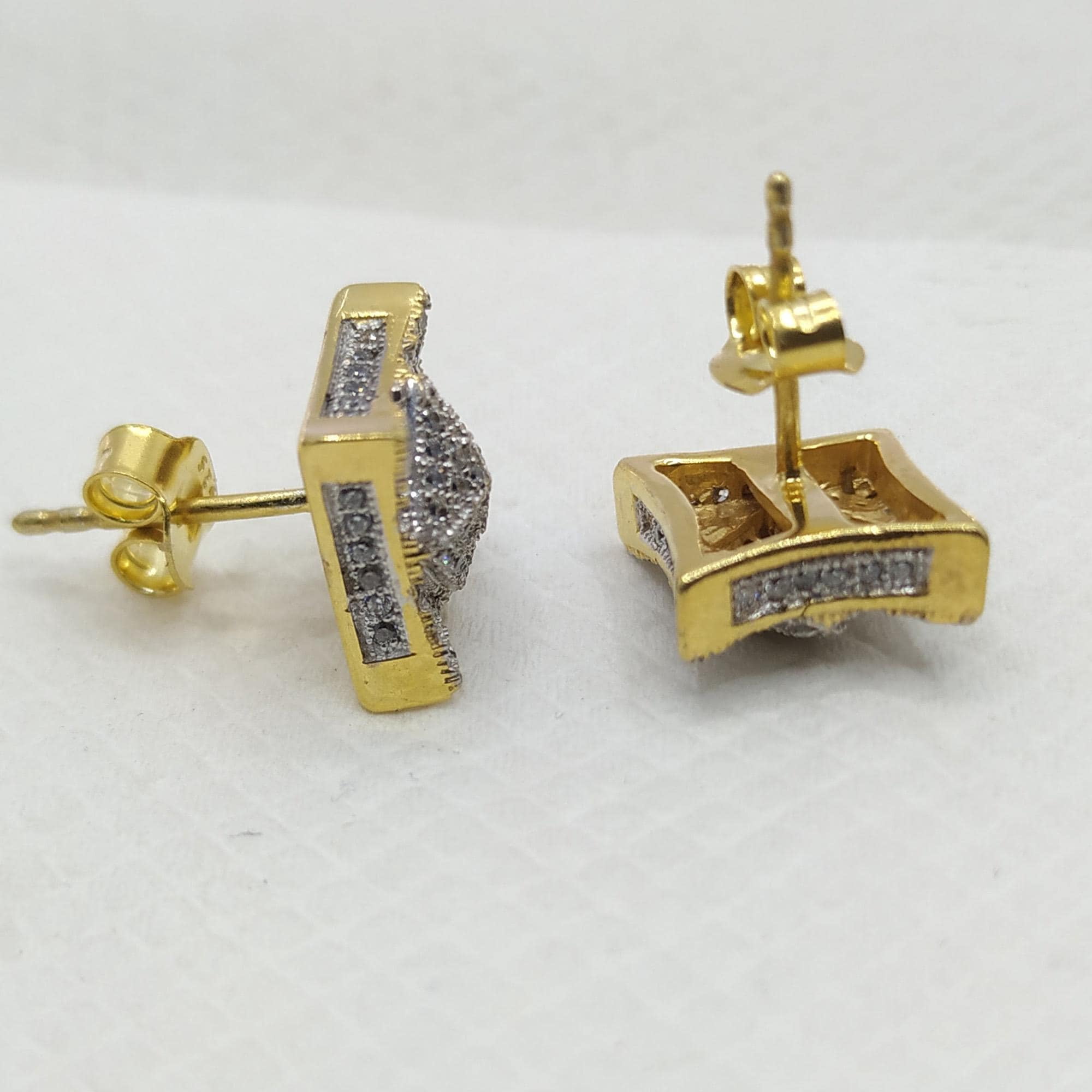 14K Yellow Gold Plated Brass 1Ct Round Cut Clear CZ Men's Square Stud Earrings, Micro Pave CZ Stud Earrings Kite Shape Square Stud Earrings