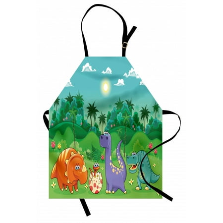 

Nursery Apron Funny Dinosaurs and Tropical Rainforest Cartoon Jungle Green Landscape Kids Theme Unisex Kitchen Bib Apron with Adjustable Neck for Cooking Baking Gardening Multicolor by Ambesonne