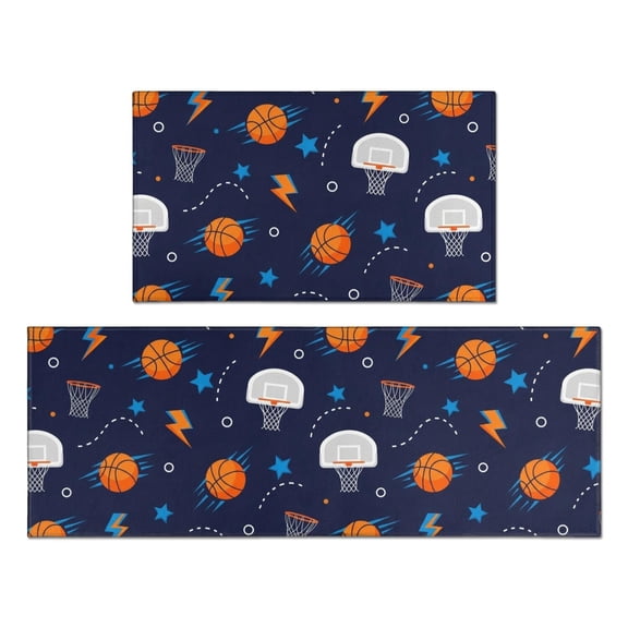 Basketball and Lightning Navy Pattern Anti Fatigue Kitchen Rugs Set Of 2, Non Slip Washable Decorative Floor Mats for Kitchen Sink Laundry, 17"x30" and 17"x47"