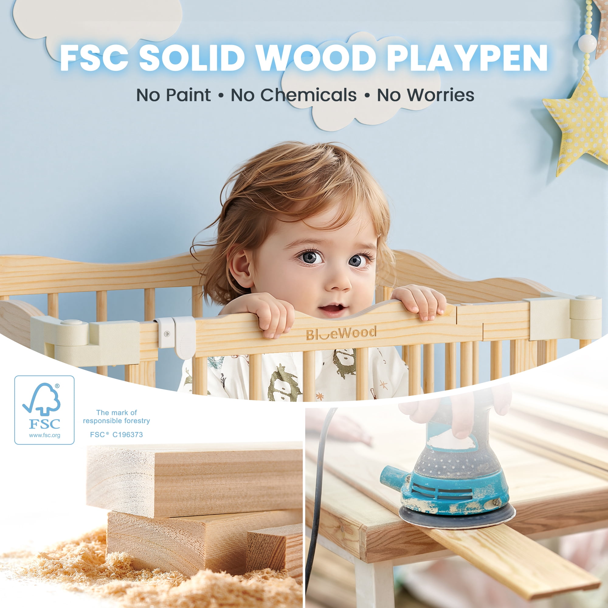 Buballino Natural Wood Baby Playpen - 27.5" Flexible 4-Piece Assembly Set