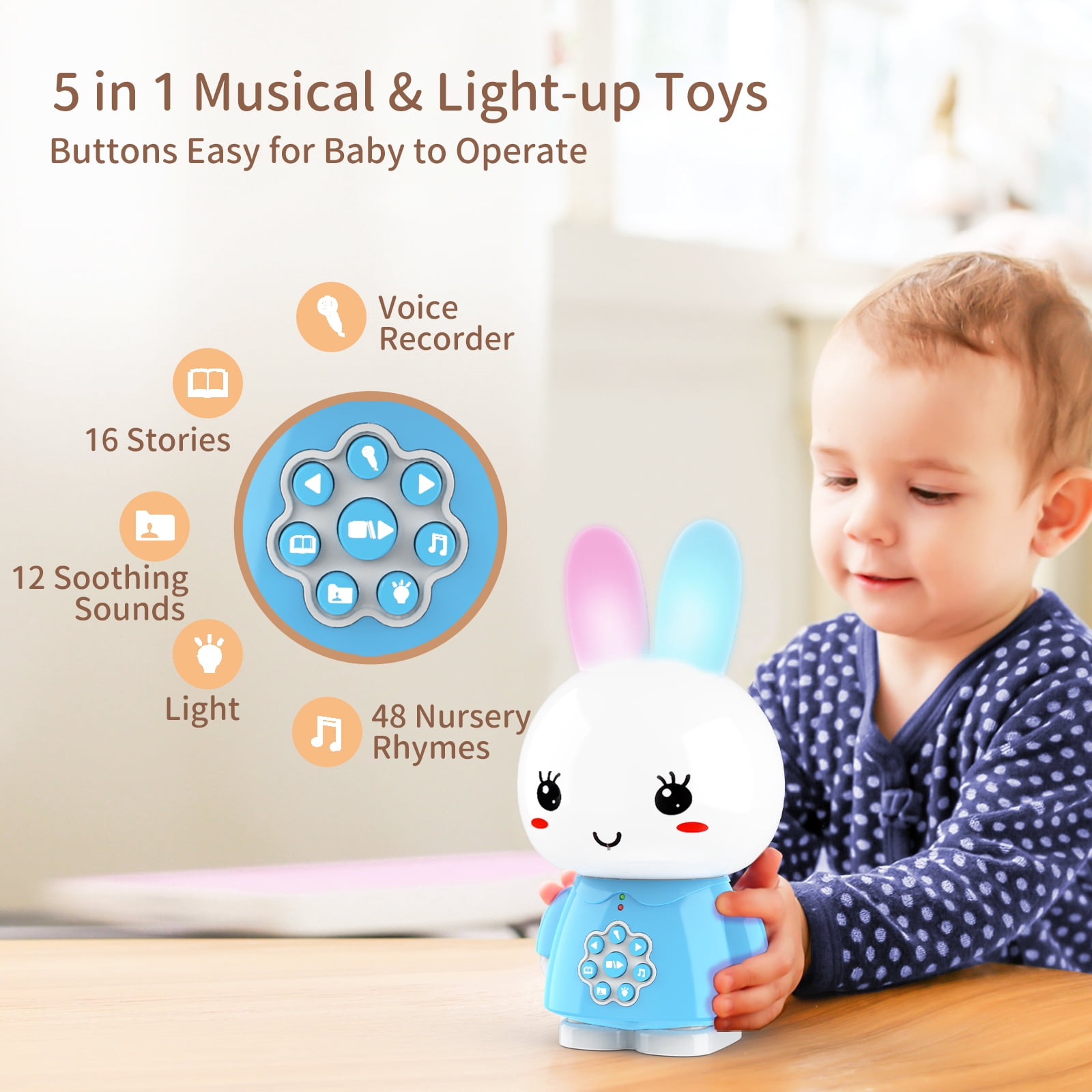 alilo Bunny Baby Audio Player - Toy w/ Chewable Teether Ears, Colorful Lights - Educational Sounds, Stories, Music, White Noise for 10+ Months Kids - Baby Gift for Learning - Blue