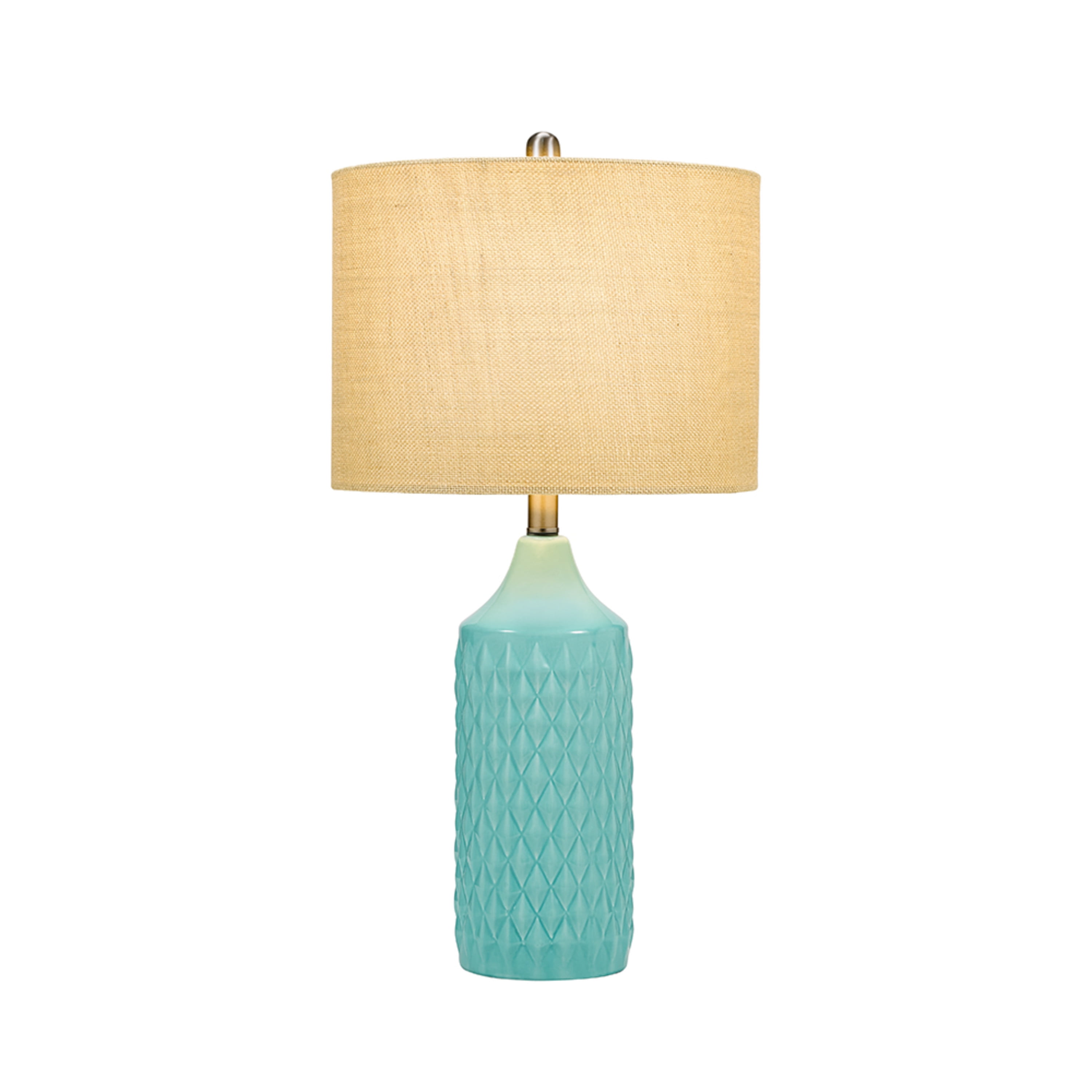 Cresswell Lighting 26.5" Coastal Quilted Ceramic Table Lamp with Natural Linen Drum Shade, Aqua Blue Finish