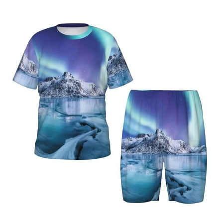 Luyuia Night At Lake Aurora 1 Print Girls  2-Piece Tie-Dye Pajama Set  Cute Summer Loungewear with Shirt and Tank Shorts Nightwear-Large