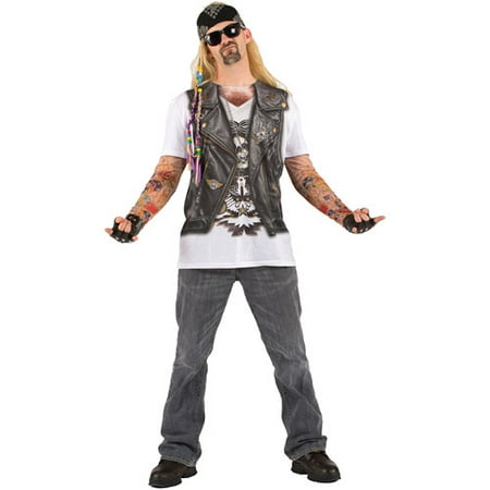 Unisex-Adult Faux Tattoo Biker Leather Vest Long-Sleeve T-Shirt