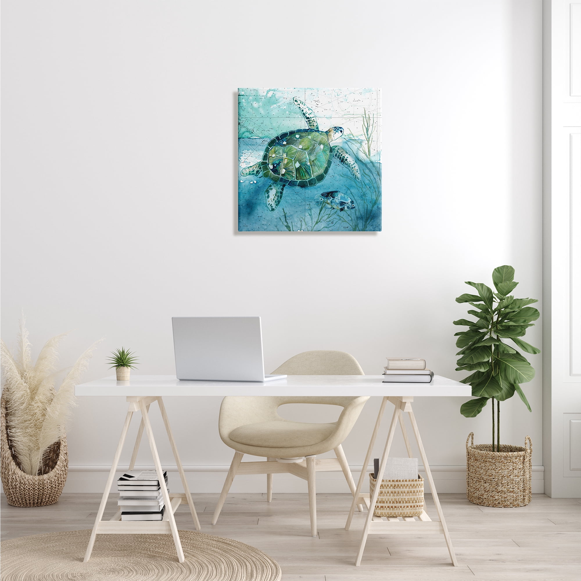 Stupell Industries Sea Tortoise and Fish over Blue Nautical Ocean Map, 24 x 24, Design by Carol Robinson