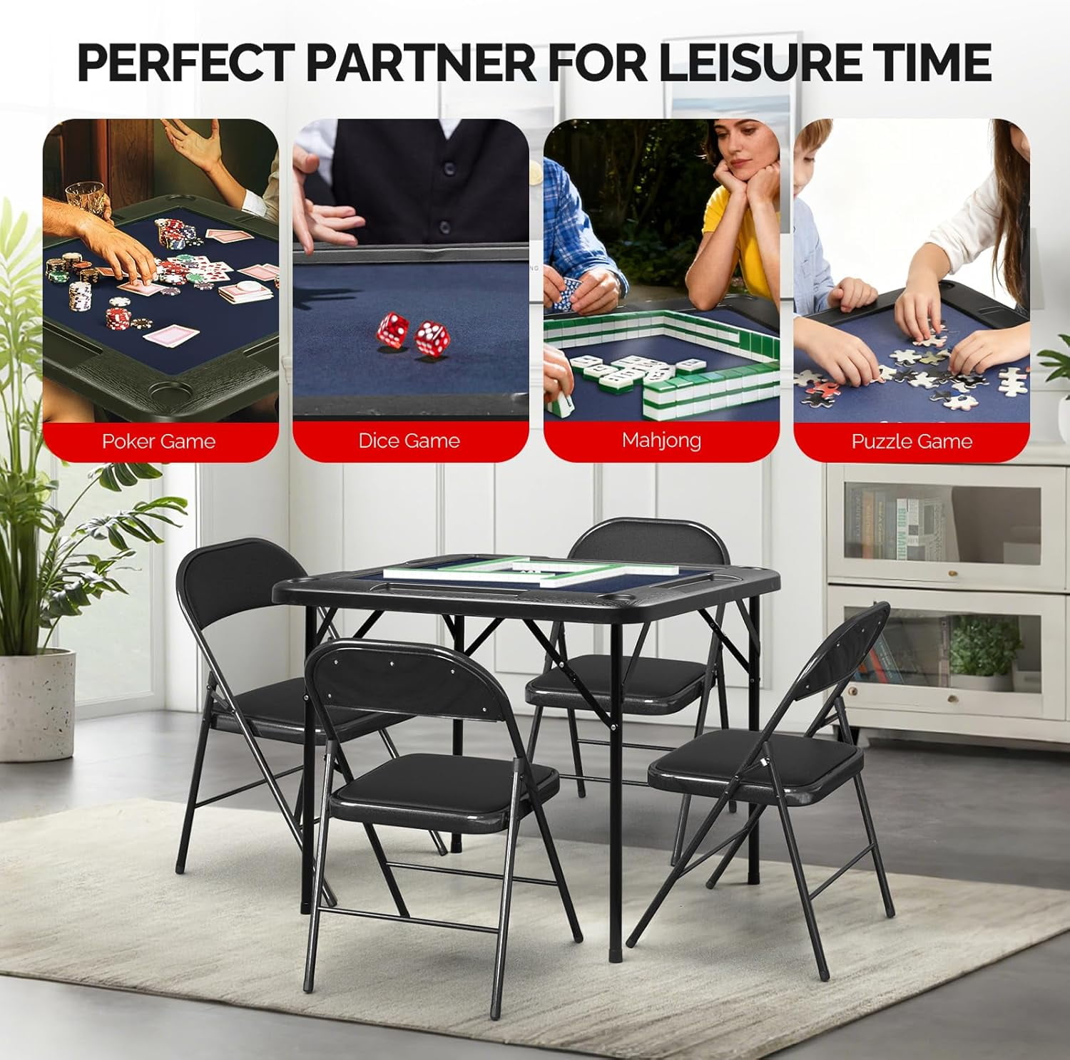 PEXMOR 35" Foldable Mahjong Table, Square 4 Player Card Game Table w/Cup Holders & Chip Grooves, Portable Folding Poker Domino Board Game Table for Blackjack, Texas Hold'em, Jigsaw Puzzles Game