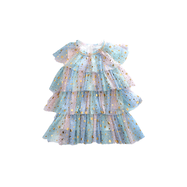 Xingqing Robe Princesse pour Enfants Filles Été Douce Sans Manches Imprimé Étoile Arc-en-Ciel Robe à Étages