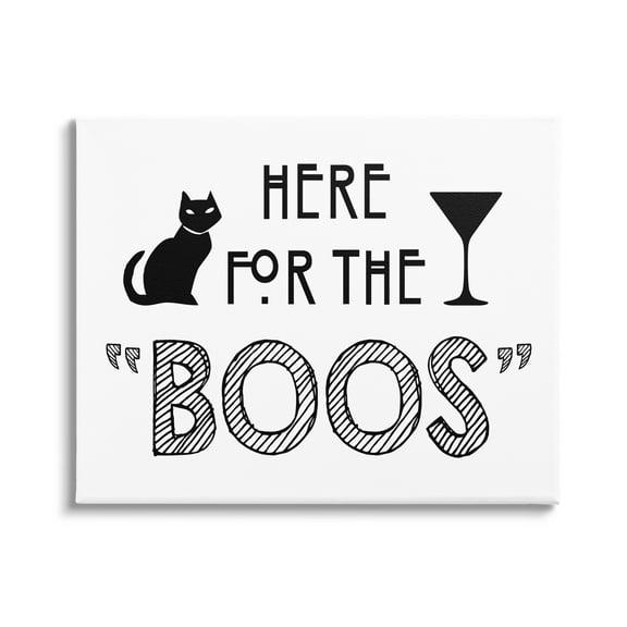 Here For Boos Halloween Typography Black Cat Motif Holiday Graphic Art Gallery-Wrapped Canvas Print Wall Art