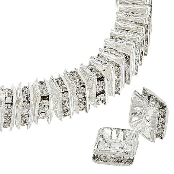 Rhinestone Spacer Beads Square Nickel Free White Silver color Plated Size: about 5mmx5mmx2.5mm hole: 1mm