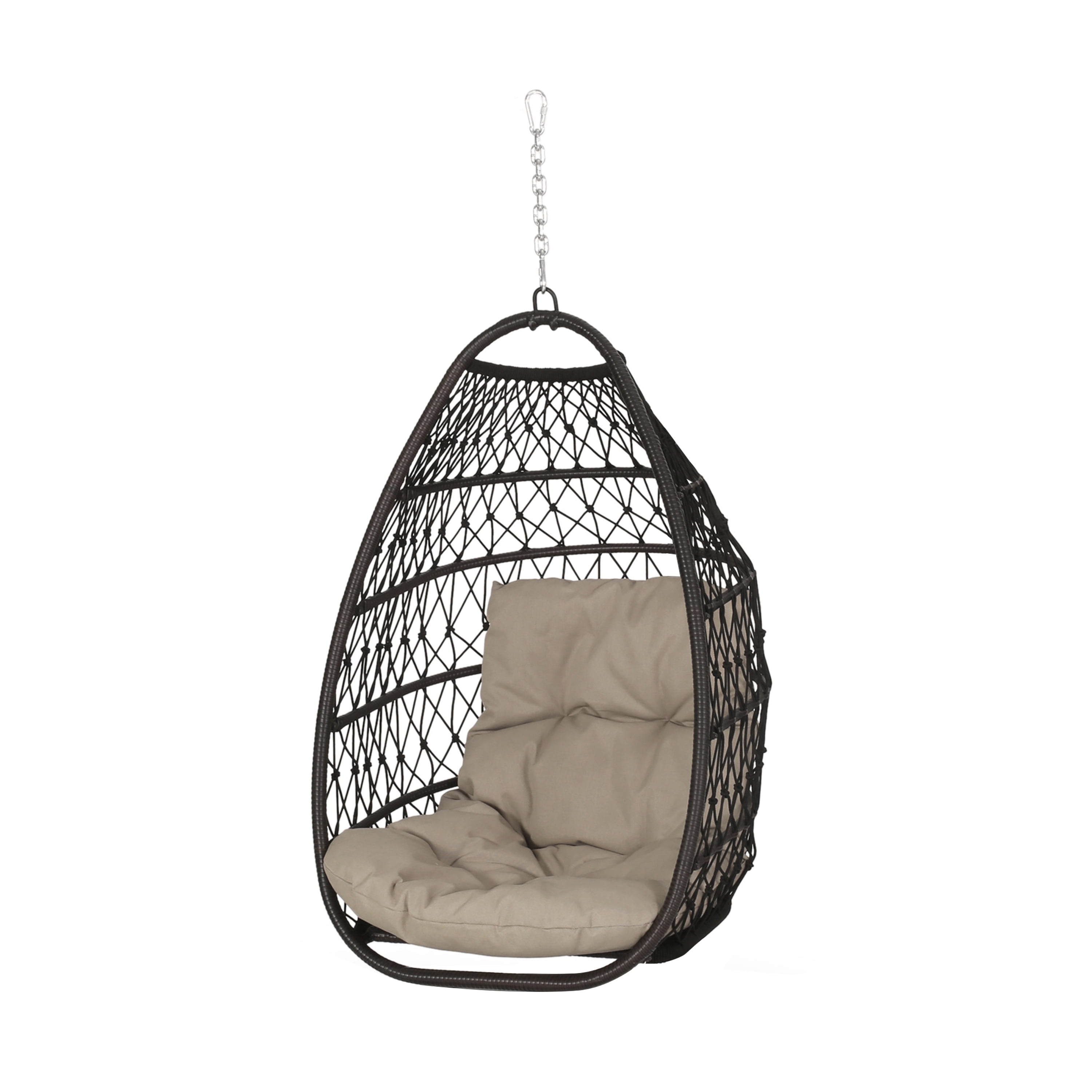 Outdoor Foldable Hanging Basket Chair, Wicker Weave Suspended Relaxing Seat for Patio Garden, Dark Tan