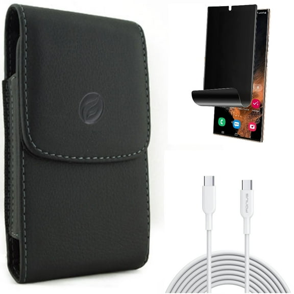 6ft Long Type-C Cable & Case Belt Clip & Privacy Screen Protector for Samsung Galaxy S22 Ultra (6.8") - Combo PD Fast Charger Cord Power Wire & Leather Holster Cover & TPU Film (Fingerprint)