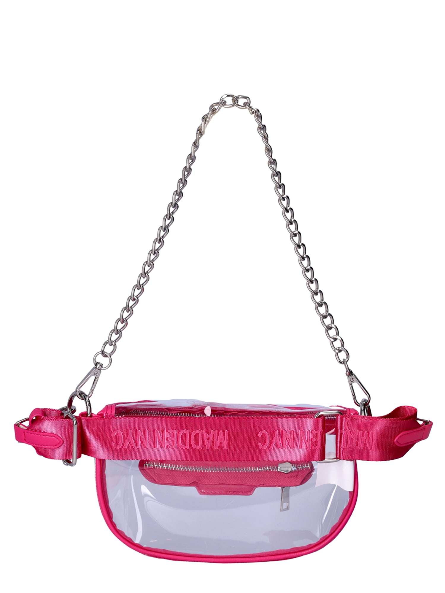Madden NYC Women’s Clear Convertible Fanny Pack with Rhinestone Pouch, Fuchsia