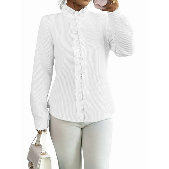 Camisa de Mujer con Botones, Cuello Alto y Volantes, Camisas de Larga A Rayas, Blusas de Trabajo para Mujer, Moda. XL