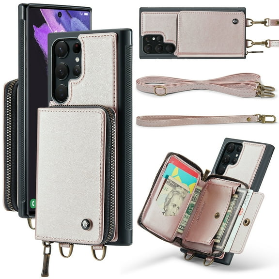 ELEHOLD Crossbody Wallet Phone Case for Samsung Galaxy S22 Ultra, Zipper Pocket Card Holders Detachable Crossbody Strap Lanyard RFID Blocking Soft Leather Protective Case,Rosegold