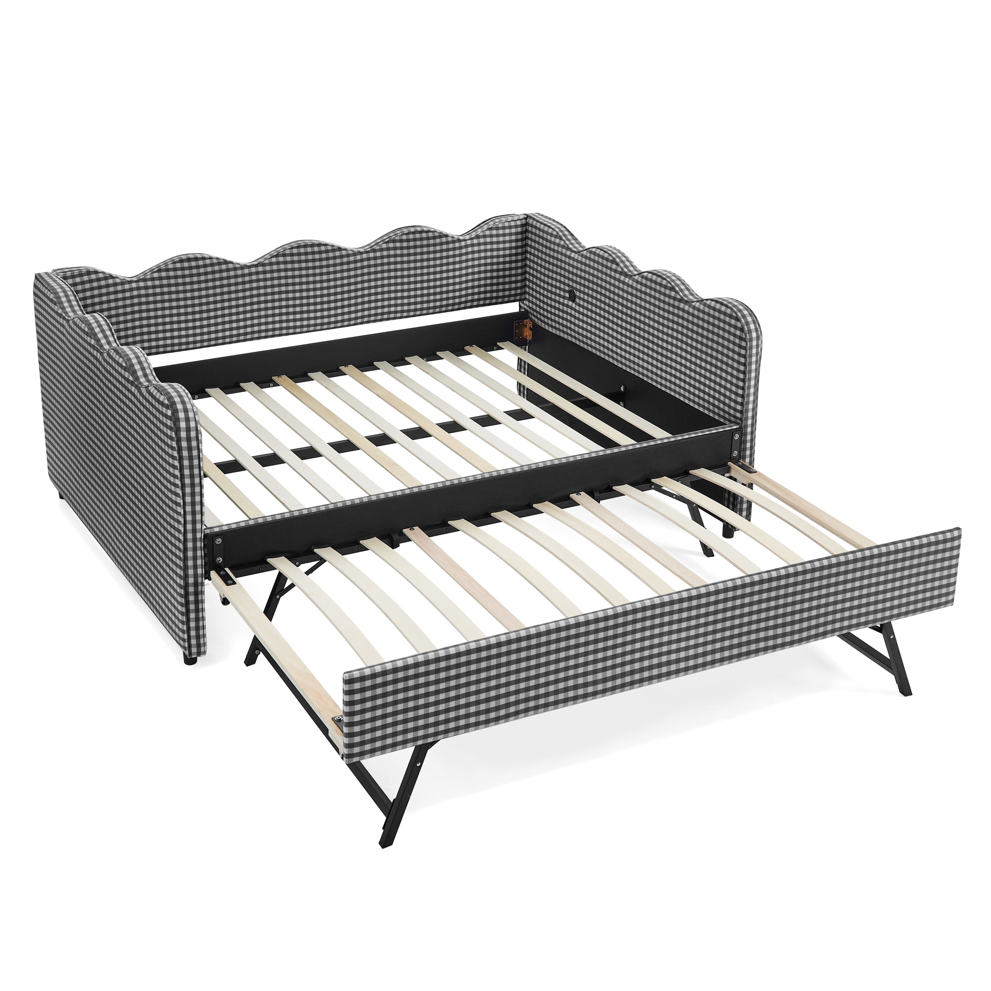 Full Size Daybed with Trundle and USB Port Upholstered Sofa Bed Gingham Linen Kids Guest Bed Frame, No Box Spring Needed, Black