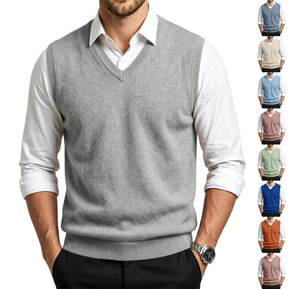 Dwellite Mens Sweater Vest Casual Sleeveless Knit Pullover V Neck Solid Knit Business Office Fall Winter Sweaters Light Gray S
