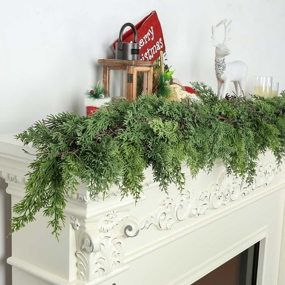 Christmas Cedar Garland,Real Touch Winter Cedar Pine Garland,Green Realistic Faux Lush Green Cedar Pine Needles Garland,Artificial Greenery Garland for Table,Mantle,Wall,Indoor,Outdoor Xmas Decor
