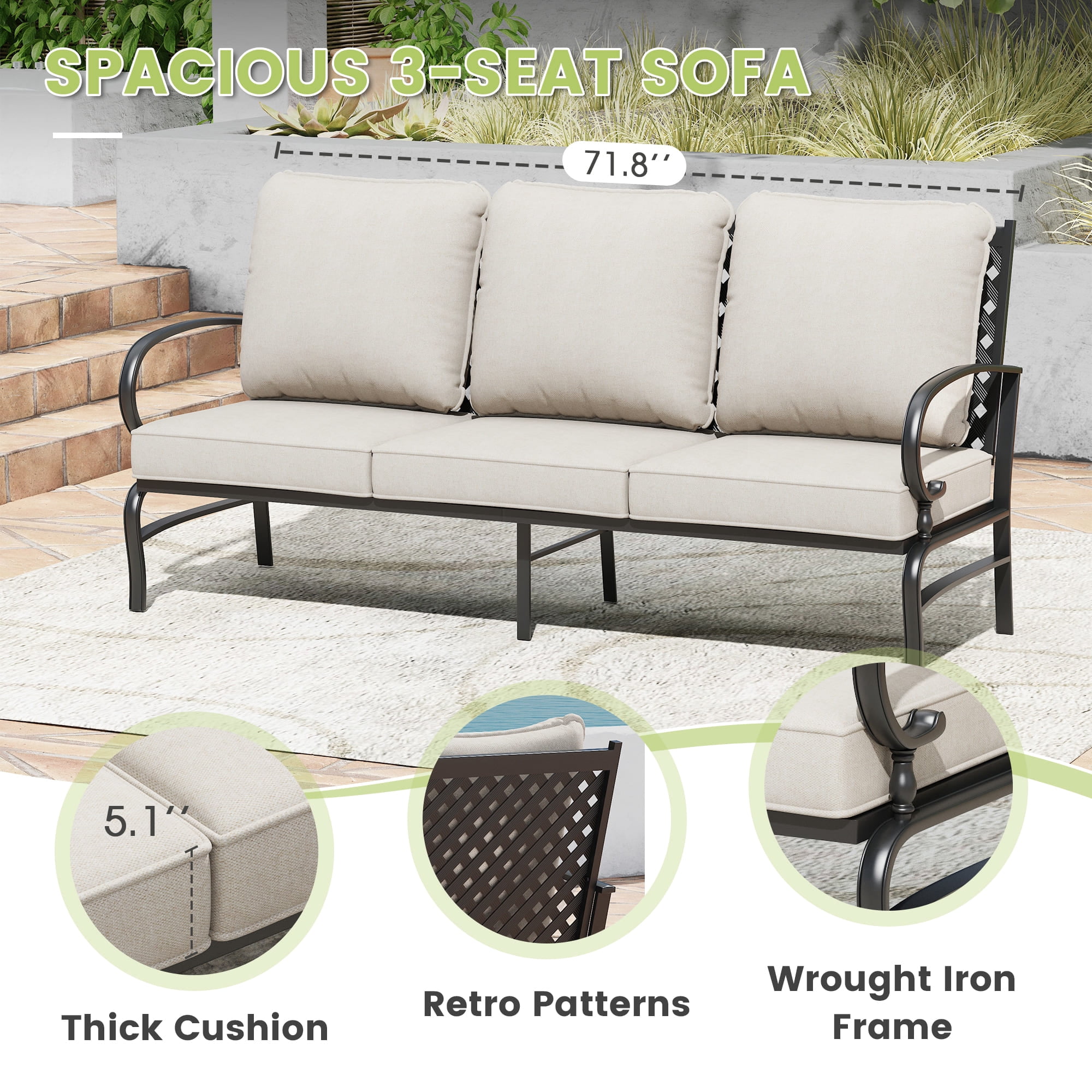 Vicllax 7-Seater Patio Conversation Set Metal Outdoor Furniture Set with Coffee Table, Beige