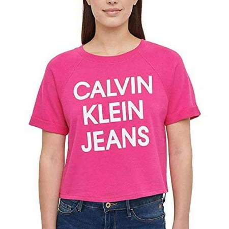 Calvin Klein Jeans Womens French Terry Logo Crop Top (Beetroot, Large)