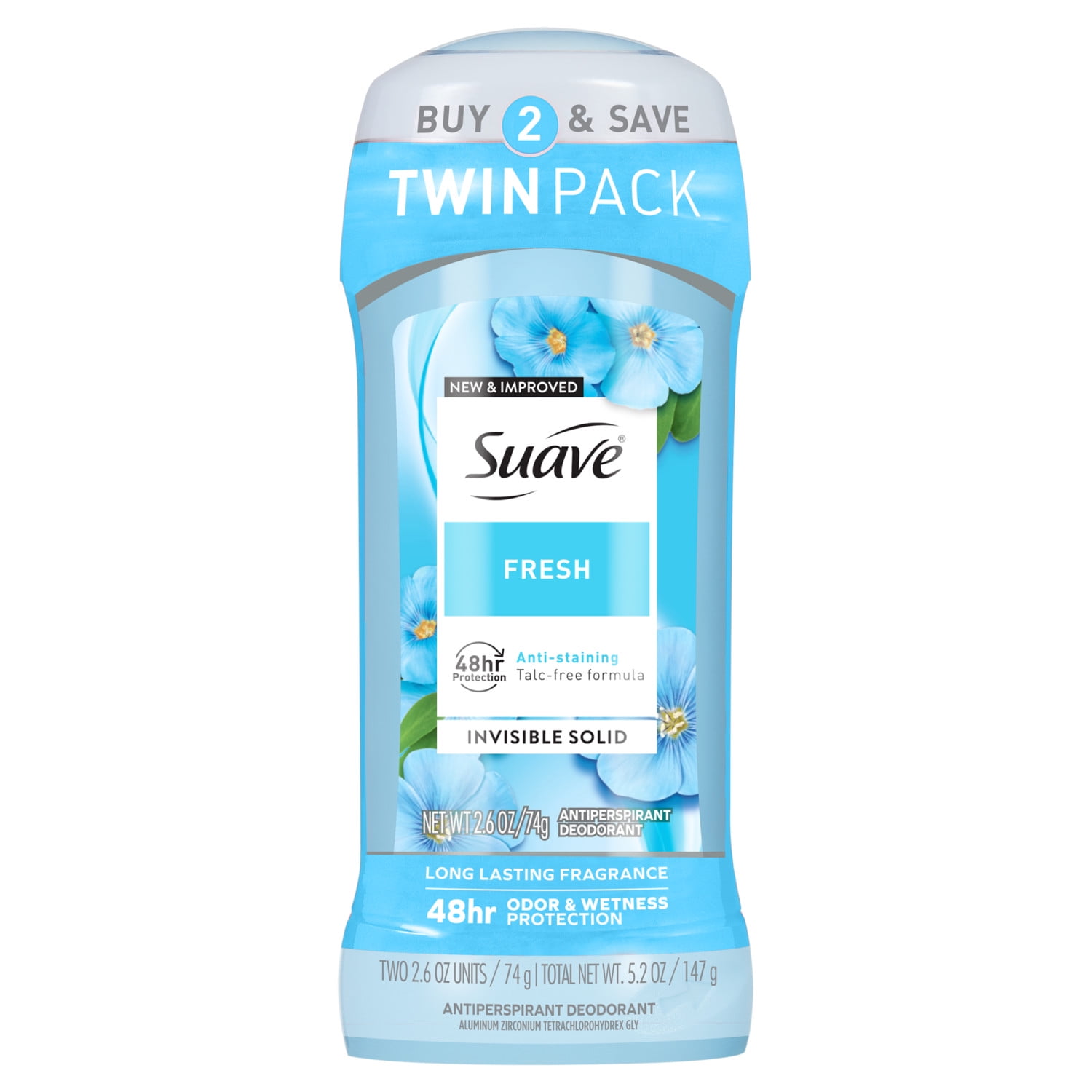 Suave Antiperspirant Deodorant For Women, 48hr Protection, Fresh, 2.6 oz Twin Pack
