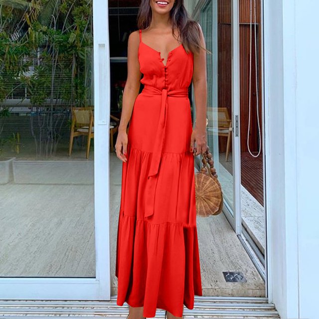 Drppepioner Robes Femmes Été Mode Femmes Été Bohème Robe Mi-Longue à Bretelles Rouge 4(S)