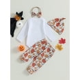 thumbnail image 4 of Wassery Baby Girls 4PCS Halloween Pants Sets Long Sleeve Letter Print Jumpsuit Pumpkin Print Pants Hat Headband Sets 3 6 12 Months Infant Girls Fall Winter Outfits Set, 4 of 8