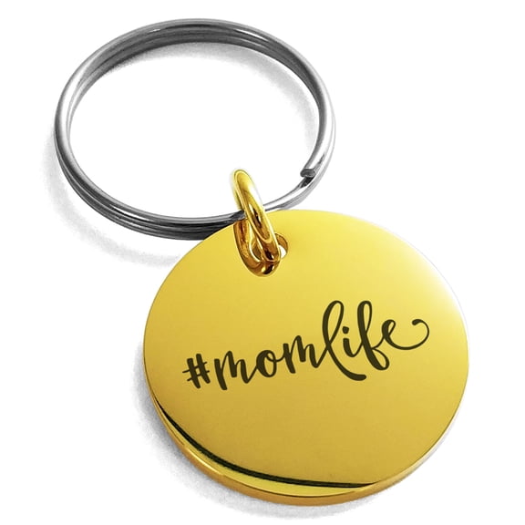 Rose Gold Stainless Steel Mom Life Small Medallion Circle Charm Keychain Keyring