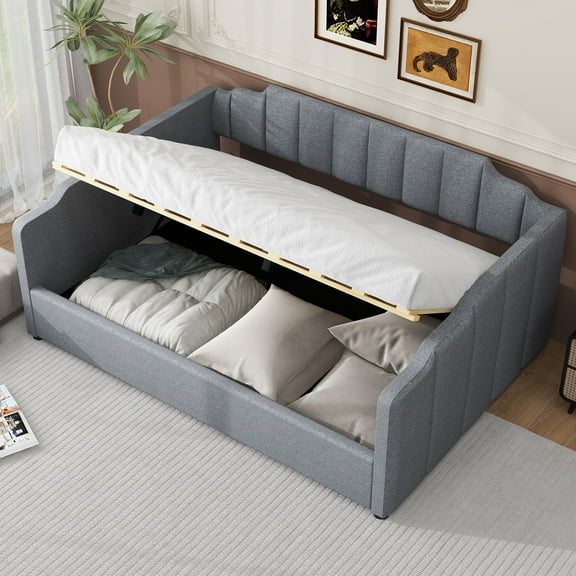 80" Full Size Upholstered Daybed with Storage, Gray Linen Convertible Sofa Bed
