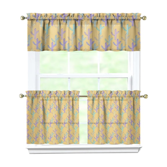 Desert Vibes Cactus Curtains Set of 3, 27.5x24 Inch Kitchen Drapes in Polyester, Tier and Valance Design for Cafe, Laundry, Holiday Decor