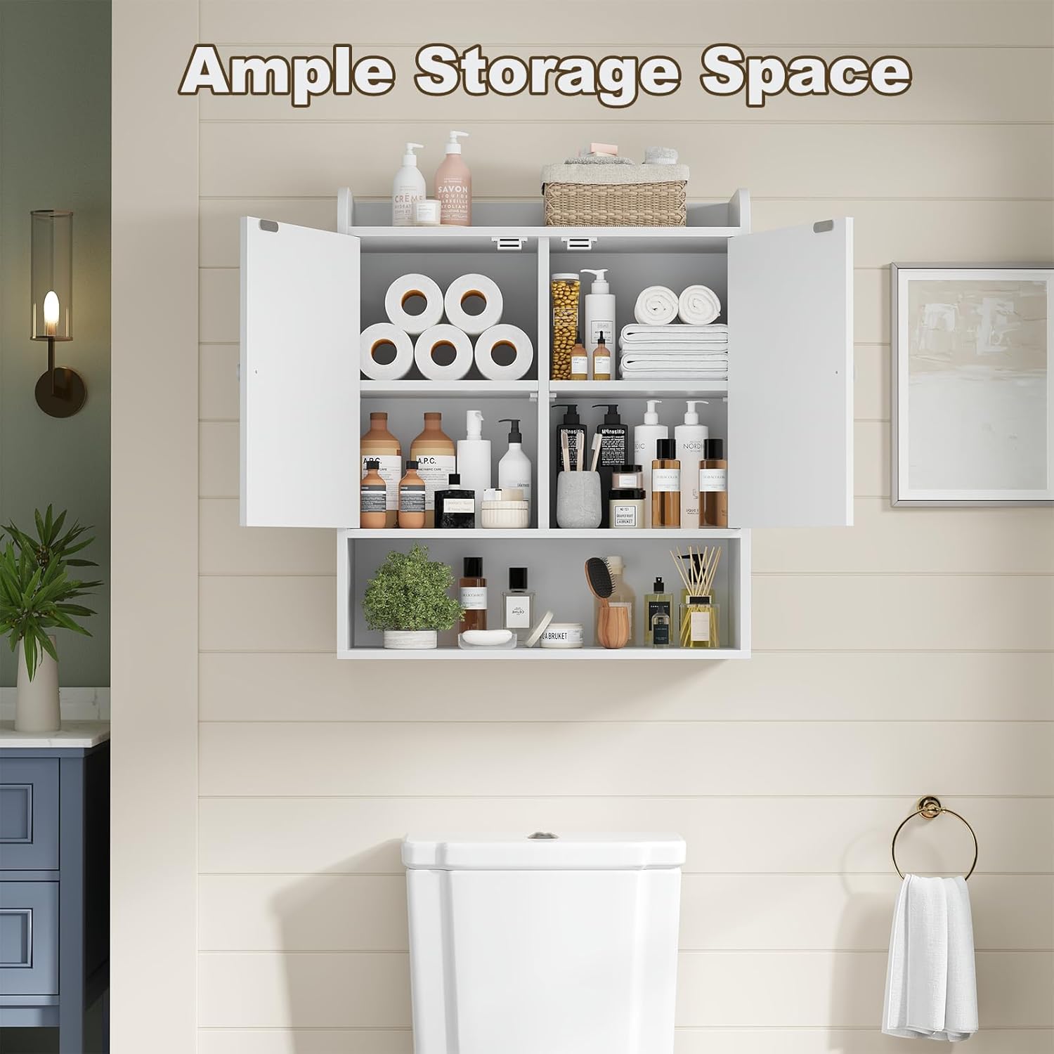 POAO Bathroom Wall Storage Cabinet, Wooden Medicine Cabinet with Adjustable Shelves and Double Barn Doors, Over The Toilet Storage Cabinet,White