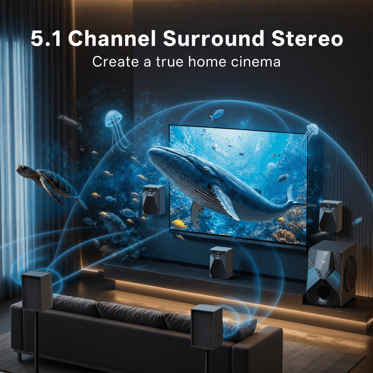 Bobtot 5.1/2.1 Channel Surround Sound Speaker System 1000W Bluetooth Home Theater with 8" Subwoofer, Bluetooth, USB, Includes Remote, LED Light Effects - Perfect for TV Movies, Karaoke
