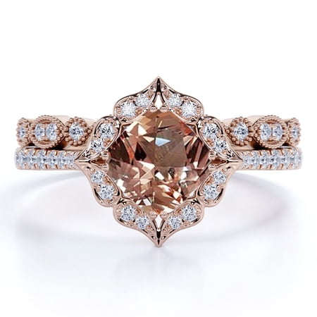 JeenMata 2.25 Carat Cushion Cut created Peach created morganite and Moissanite Pave Wedding Ring Set On 18K Rose Gold Over Silver