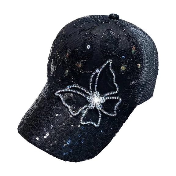 chaungfeng Women's Bling Butterfly Baseball Cap, Adjustable Hip Hop Hat Outdoor Casual Trendy Sun Hat with Breathable Mesh Back Cap for Summer Outdoor Picnic Daily Wear