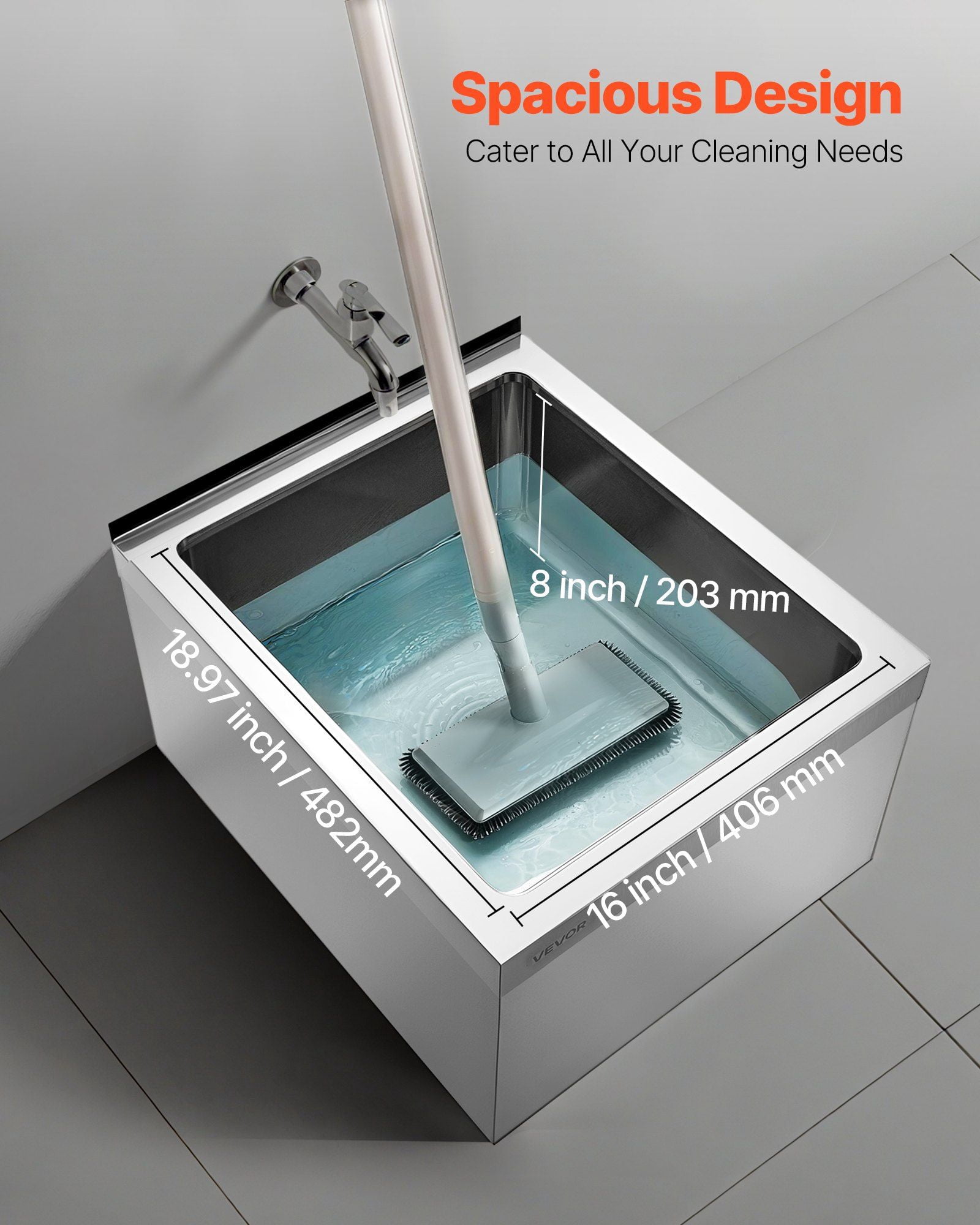 VEVOR Stainless Steel Floor Mop Sink, 22 x 19 x 12 in, 304 Stainless Steel, with Backsplash, 3-in-1 Filter and Wall-Mounted Bracket, X-Shaped Groove for Quick Drainage, for Balcony and Bathroom