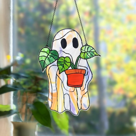 Cute Ghost and Monstera Acrylic Suncatcher, Halloween Ghost Window Hanging, Plant Lovers Gift for Mom, Halloween Decor