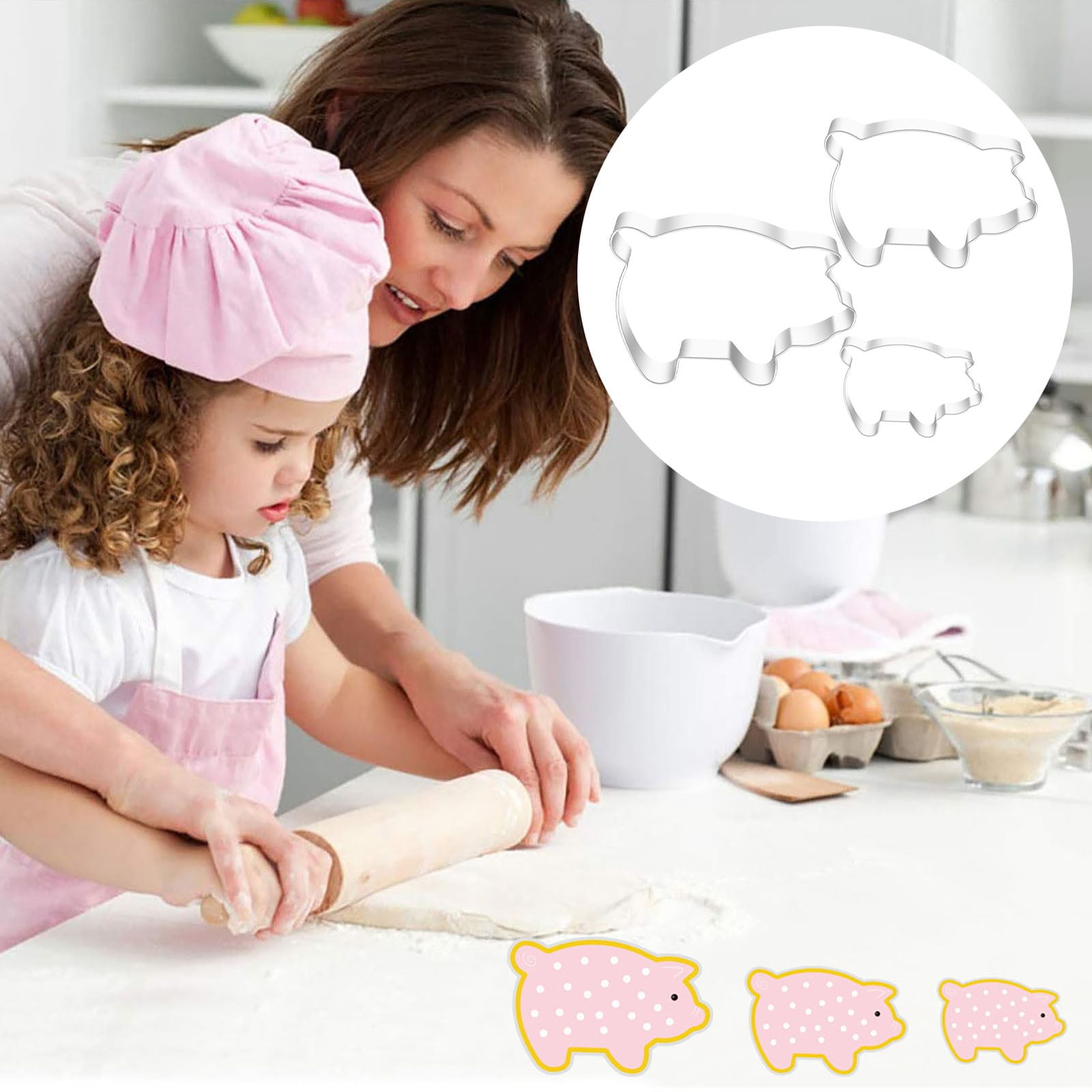Lssam 3-Piece Stainless Steel Pig Cookie Cutter Set, Farm Animal Concha Stamp for Mexican Puerquito Bread, Baking Supplies for Kitchen DIY Cookies & Biscuits