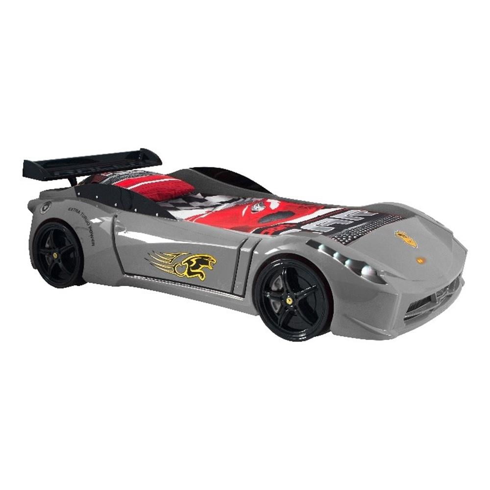 Titi Racer Modern Wood TT Twin Race Car Bed with Remote Control in Gray
